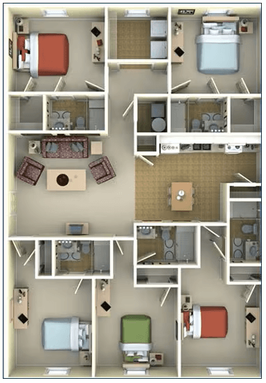 A diagram of a small apartment with a kitchen, living room, and bathroom.